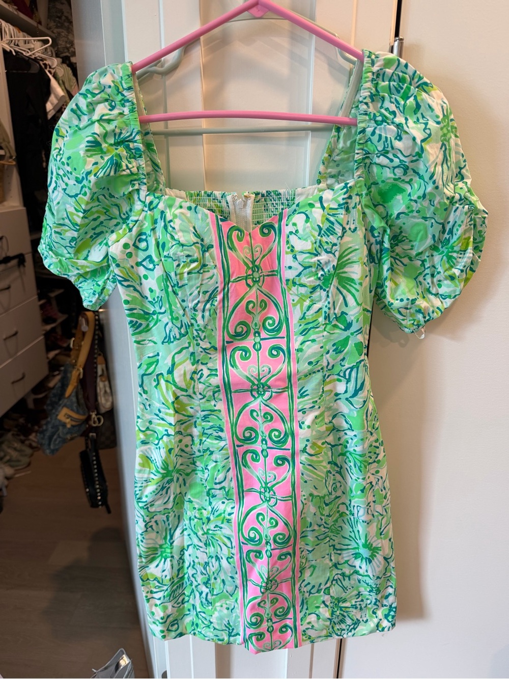 Lilly Pulitzer Green & Pink Puff Sleeve Summer Dress